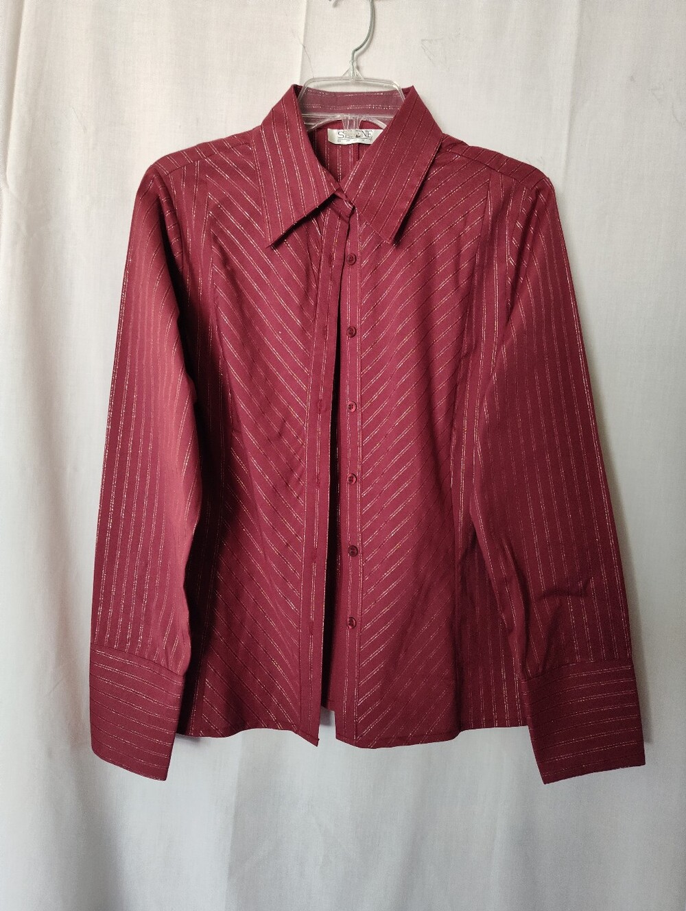 VTG NWOT Selene Sport Maroon Pinstripe Blouse NWOT Cotton Blend Stretch, Size M